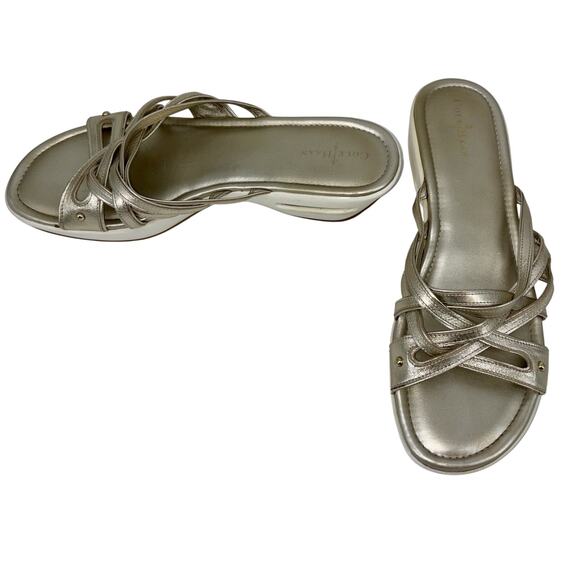 COLE HAAN Women's Sandals Gold Metallic Size 10 B Leather Wedge Slides Shoes‎ - Picture 3 of 14